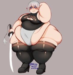 1boy belly bhm big_belly blush breasts crossdressing fat huge_belly light-skinned_male light_skin male male_only megamilkwhite moobs morbidly_obese nier nier:_automata obese overweight short_hair solo standing sword thick_thighs thighhighs white_hair yorha_2b_(cosplay) yorha_9s