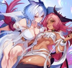 2girls big_breasts blue_hair breasts dark-skinned_female dragon_girl dragon_tail goddess indie_virtual_youtuber indie_vtuber inner_sideboob jewelry light-skinned_female necklace neckwear orange_eyes pink_hair red_eyes ribbon_clothes ribbons shiny_skin smirk smirking_at_another tail_wrap thighs trickywi tummy underboob vienna_(vtuber) virtual_youtuber yuri