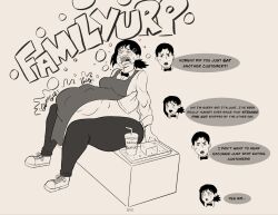 1boy 1girls 2020s 2025 2025s alternate_body_type artist_signature beastbizkit big_belly burping_while_talking chainsaw_man dialog dialogue digesting_prey digestion digestion_noises english_text gurgling gurgling_noise hair_clips higashiyama_kobeni huge_belly jpg kobeni_higashiyama onomatopoeia post-vore seated sitting text text_bubble twitter_link vore vore_belly waitress waitress_outfit waitress_uniform