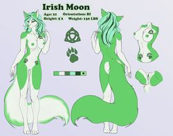 2018 anthro biped breasts bridge_piercing canid canine canis elvofirida english_text facial_piercing female fur furgonomics furry-specific_piercing genitals green_body green_fur green_hair green_nose hair irish_moon mammal model_sheet multiple_piercings muzzle_piercing nipple_barbell nipple_piercing nipples nose_piercing nude piercing pussy solo text wolf