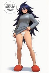 ai_generated bare_legs black_hair blue_eyes blush breasts clothes_lift clothing english_text female full_body grey_sweater grin hair_between_eyes lifted_by_self long_hair long_sleeves looking_at_viewer midnight_(my_hero_academia) my_hero_academia nail_polish no_pants panties pantsu pussy_juice red_footwear ribbed_sweater simple_background slippers smile solo speech_bubble standing sweater sweater_lift teeth trembling underwear very_long_hair white_background white_panties white_underwear
