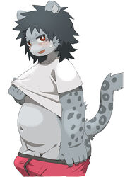 5_fingers anthro biped black_hair blush bulge cheek_tuft clothed clothing clothing_lift erection erection_under_clothing facial_tuft felid fingers fur genitals grey_body grey_fur grey_spots hair humanoid_hands kemono looking_at_viewer male male_only mammal monotone_hair multicolored_body multicolored_fur navel open_mouth open_smile pantherine pants_down partially_clothed penis pink_nose red_eyes seductive shirt shirt_lift si_ra_ta_ma3 simple_background slightly_chubby smile snow_leopard solo spots spotted_body spotted_fur standing tenting topwear tuft white_background white_clothing white_shirt white_topwear