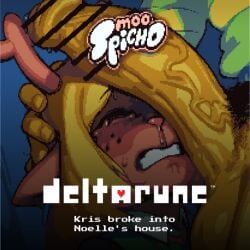 ai_generated anthro antlers balls big_penis blonde_hair brown_fur censored censored_penis comic comic_cover deer deltarune hair hairy_penis huge_cock human human_on_anthro kris_(deltarune) long_hair mammal moospicho new_world_deer noelle_holiday penis penis_on_face pixiv_link reindeer veiny_penis yellow_body