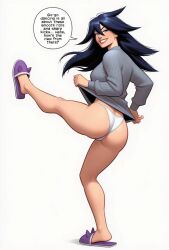 ai_generated ass black_hair blue_eyes breasts clothes_lift clothing english_text female footwear from_behind full_body grey_sweater grin hair_between_eyes kicking kneepits leg_up lifted_by_self long_hair long_sleeves looking_at_viewer looking_back mask midnight_(my_hero_academia) mole mole_under_eye my_hero_academia no_pants panties pantsu purple_footwear ribbed_sweater simple_background slippers smile solo speech_bubble standing standing_on_one_leg sweater sweater_lift teeth underwear white_background white_panties