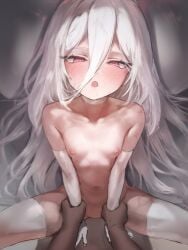 1boy bed_sheet blue_archive breasts elbow_gloves female gloves grabbing_another's_arm hair_between_eyes halo highres kei_(blue_archive) kei_(new_body)_(blue_archive) long_hair long_hair_between_eyes looking_at_viewer missionary navel nipples nude open_mouth petite pink_halo polki pov rectangular_halo ringed_eyes sex small_breasts straight thighhighs white_gloves white_thighhighs