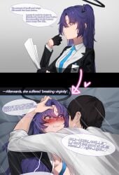 1boy black_gloves black_hair black_halo black_jacket blue_archive blue_necktie blush breasts clenched_teeth collared_shirt commentary_request crying crying_with_eyes_open dress female gloves halo highres implied_sex jacket korean_commentary long_hair necktie nipples no_bra open_clothes open_jacket purple_dress purple_eyes rape sensei_(blue_archive) shirt short_hair small_breasts tears teeth two_side_up viper18 white_shirt yuuka_(blue_archive)