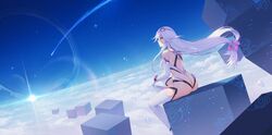 ass ass_cleavage bikini_armor butt_crack dat_ass female hair_ornament large_breasts long_hair outdoor purple_eyes purple_hair sideboob sitting skimpy_clothes sky_diver_xipuria thong thong_leotard unknown_artist