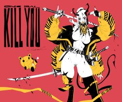 1girls 4_arms :3 artist_name artist_signature belt black_legwear black_nails black_tail bleeding_eyes blood_from_eye blood_on_face chains collar cybernetic_limb cybernetics cyberpunk devil_tail female female_only four_arms godtail hi_res high_resolution highres horn horns jacket katana louis_vuitton medium_breasts nail_polish necklace open_jacket original_character prosthetic prosthetic_limb radioactive red_background star_(symbol) star_tattoo tagme tail tattoo tattoo_on_arm tattoos teddy_bear text weapon white_body white_hair yellow_eyes yellow_jacket yellow_lipstick
