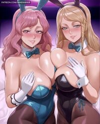 2girls ai_generated animal_ears aqua_eyes asymmetrical_docking bangs bare_shoulders black_clover black_leotard blonde_hair blue_bow blue_bowtie blue_leotard blush bow bowtie braid breast_press breasts charlotte_roselei cleavage collarbone dandanhub detached_collar fake_animal_ears female female_only gloves green_eyes large_breasts leotard lips long_hair looking_at_viewer mole mole_on_breast multiple_girls pantyhose parted_lips pink_eyes pink_hair rabbit_ears rabbit_tail side_braid smile strapless strapless_leotard sweat tail traditional_bowtie vanessa_enoteca white_gloves wrist_cuffs