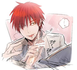 2boys censored_penis cum heterochromia kuroko_no_basuke male mayuzumi_chihiro penis penis_grab penis_out pov red_hair school_uniform seijuro_akashi short_hair tongue_out yaoi