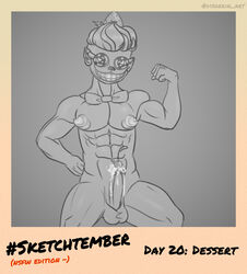 balls cherry clenched_teeth cream cum dessert disgerin erection flexing highres league_of_legends male male_only muscles riot_games sketch solo_focus solo_male sugar_rush_series sugar_rush_ziggs tagme ziggs