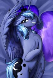 2026 alicorn animal_genitalia animal_vulva bedding bedding_background bird's-eye_view blue_eyes czu equid equine equine_genitalia equine_vulva feathered_wings feathers female feral friendship_is_magic genitals hasbro hi_res high-angle_view horn looking_at_viewer lying mammal my_little_pony mythological_creature mythological_equine mythology on_back princess_luna_(mlp) semi-anthro solo vulva wings