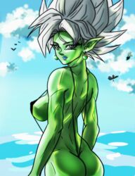 1girls ass back back_view backboob big_ass bikini birds black_leotard blue_lips blue_lipstick breasts butt clear_sky core_person dat_ass dragon_ball dragon_ball_super earrings fanart female female_focus female_only female_zamasu fusion goddess green_earrings green_skin highres leotard looking_at_viewer looking_back muscles muscular muscular_female nipples_visible_through_clothing nuggetmcfly pointy_ears potara_earrings rule_63 shiny shiny_ass shiny_breasts shiny_hair shiny_skin side_boob sideboob silver_eyes solo solo_female solo_focus spiky_hair super_saiyan super_saiyan_rose thick_ass thong thong_bikini thong_leotard water watermark zamasu