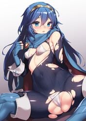 ass bangs blue_eyes blue_footwear blue_gloves blue_hair blush boots breasts cameltoe cape cleavage covered_navel covered_nipples elbow_gloves female female_only fingerless_gloves fire_emblem fire_emblem_awakening fuya_(tempupupu) gloves hair_between_eyes knee_boots long_hair looking_at_viewer lucina_(fire_emblem) nintendo open_mouth panties puffy_nipples small_breasts solo spread_legs sweat swimsuit thighs tiara torn_clothes underwear white_panties