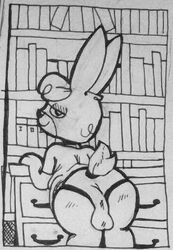 1boy 2020 animal_crossing ass backsack balls balls_in_panties big_butt claude_(animal_crossing) lagomorph_humanoid male male_only monochrome nintendo panties presenting rabbit solo solo_male tail_raised thighs zodopop