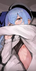 absurdres blue_eyes blue_hair eyebrows_visible_through_hair female hair_between_eyes hat hcz_n highres hololive hololive_gen_0 hololive_japan hoshimachi_suisei long_sleeves looking_at_viewer nipples shirt side_ponytail tears virtual_youtuber