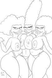 3girls black_and_white breast_press breast_squeeze breasts busty curvy marge_simpson milf monokini no_color panties patty_bouvier selma_bouvier sisters the_simpsons twins zst_xkn