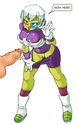 1girls alien_girl blue-tinted_eyewear cheelai cum cum_on_breasts cum_on_face disembodied_penis dragon_ball dragon_ball_super english_text female fresh_pussy green_skin humanoid looking_at_partner no_panties ok_sign pink_hair pulling_down_pants pussy rtil saankyu scouter short_hair tinted_eyewear white_hair wide_hips wide_thighs