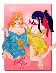 1futa 1girls black_hair cleavage feet female futanari holding_hands huge_ass kikunojo kimono large_breasts nami nami_(one_piece) one_piece orange_hair post-timeskip red_ribbon violetmanguinha violetskyarts wide_hips