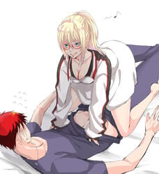 1boy 1girls age_difference alexandra_garcia blonde_hair clothed clothing female kagami_taiga kuroko_no_basuke male ponytail red_hair suggestive teacher_and_student tied_hair