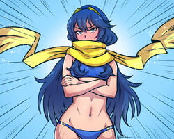 akairiot bad_id bad_tumblr_id bikini blue_hair blush crossed_arms crossover emphasis_lines female fire_emblem fire_emblem_awakening full-face_blush groin long_hair lucina_(fire_emblem) ninja_slayer nintendo scarf solo swimsuit tiara