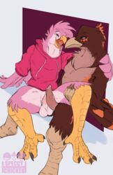 anthro avian balls beak bird bird_feet bottomless brown_body brown_feathers clothed clothing duo feathers frottage genitals hi_res hoodie male male/male nude open_mouth partially_clothed penis pink_body pink_feathers sex tail_feathers tapering_penis topwear yggiiggy