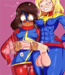 1futa 1girls abs age_difference balls big_balls big_penis blonde_hair blue_eyes blush bodysuit breasts brown_eyes brown_hair captain_marvel carol_danvers clothing dark-skinned_female dark_skin female fit fit_futanari futa_with_female futanari handwear huge_cock human human_only imminent_sex interracial kamala_khan large_penis light-skinned_futanari light_skin marvel marvel_comics mask ms._marvel muscular_female nervous nipple_bulge penis penis_awe pussy_juice pussy_juice_drip smug tayuri testicles tight_clothing wet_pussy