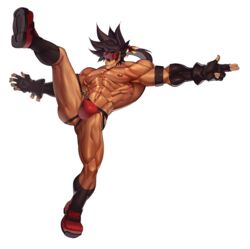 1boy abs bara biceps boots gloves guilty_gear jockstrap male male_only muscular muscular_thighs na_insoo partially_clothed red_underwear rennik sol_badguy solo tagme underwear yellow_eyes