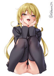 1girls anus black_legwear black_sailor_collar black_serafuku blonde_hair blush closed_mouth cropped_legs cute ebifurya eyebrows_visible_through_hair female fringe hair_between_eyes hands_on_own_face heart heart-shaped_pupils highres kantai_collection light_skin long_hair long_sleeves low_twintails no_panties open_mouth pussy sailor_collar satsuki_(kantai_collection) school_uniform serafuku simple_background skinny small_ass smile solo symbol-shaped_pupils teenager thighhighs tight_anus twintails twitter_username underwear white_background yellow_eyes