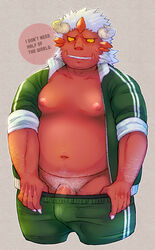 2013 asian_mythology belly blush bottomwear clothing demon east_asian_mythology genitals humanoid_hands japanese_mythology male male_only moobs mythology navel nipples oni overweight overweight_male pants penis red_body red_oni red_skin sekai_no_hanbun_wa_irimasen solo text un0sk undressing yellow_eyes yōkai