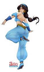 aladdin arabian ass bare_shoulders belly_dancer black_hair brown_eyes bubble_butt dancer disney disney_princess hairband harem_outfit jago_dibuja looking_at_viewer looking_back looking_over_shoulder midriff princess_jasmine