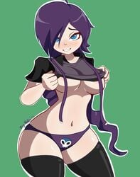 1girls 2d areolae bigmantis breasts curvaceous female female_focus female_only goth happy_female high_resolution horny_female hourglass_figure long_hair looking_at_viewer navel pale-skinned_female panties purple_hair shirt shirt_lift simple_background solo sweatdrop teeth thick_thighs thighhighs thighs underboob underwear wide_hips zone-tan