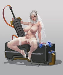 1girls absurdres areolae blonde_hair breasts cleavage erect_nipples female full_body g-string garter_straps glasses high_heels highres huge_breasts huge_weapon janggun labiata_prototype_(last_origin) large_breasts last_origin lingerie looking_at_viewer nipples open_mouth panties red_eyes silver_hair sitting solo thick_thighs thighhighs thong topless topless_female underwear weapon wedding_band wedding_dress wedding_lingerie white_g-string white_legwear