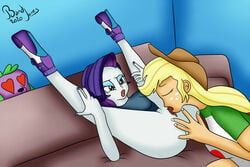 applejack_(mlp) bandijones closed_eyes cunnilingus equestria_girls heart_eyes high_heels legs_up my_little_pony rarity_(eg) smooth_skin spike_(mlp) spread_legs voyeur voyeurism yuri