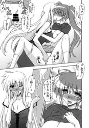 2girls absurdres blush breasts cleavage couple fate_testarossa fingering greyscale highres kissing koishikawa long_hair lyrical_nanoha mahou_shoujo_lyrical_nanoha_strikers monochrome multiple_girls nanoha_takamachi nipples panties panties_around_one_leg pussy_juice shirt_lift skirt strap_slip underwear undressing yuri