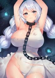 1girls areola_slip areolae armpits arms_up avrora_(azur_lane) avrora_(shackled_saule)_(azur_lane) azur_lane bangs bare_shoulders blue_eyes blush bondage braid breasts chains cleavage closed_mouth cuffs dress erect_nipples erect_nipples_under_clothes eyebrows_visible_through_hair female female_only hair_between_eyes head_tilt heart heart-shaped_pupils high_resolution injury large_breasts large_filesize light-skinned_female light_skin long_hair looking_at_viewer nipples no_bra nopan northern_parliament_(azur_lane) restraints shackles smile solo symbol-shaped_pupils tied_hair torn_clothes torn_dress twin_braids u_ronnta very_high_resolution very_long_hair white_dress