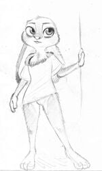 2020 anthro bottomless clothed clothing disney ears_down female flat_chested fuchs fur genitals hi_res judy_hopps lagomorph leporid mammal monochrome pivoted_ears pussy rabbit shirt shirt_only solo standing topwear topwear_only zootopia