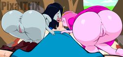 1boy 2girls adventure_time anus ass big_ass big_butt bodily_fluids bubble_butt butthole cartoon_network clitoris cock_worship collaborative_fellatio erection fellatio female finn_the_human genitals group hi_res humanoid humanoid_genitalia humanoid_penis licking long_tongue male marceline marceline_abadeer oral penile penis pink_skin pixaltrix princess_bubblegum pussy sex sweat take_your_pick tongue tongue_out unseen_male_face vampire watermark