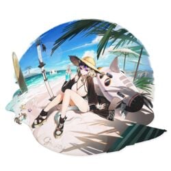 1:1_aspect_ratio 1girls alternative_costume animal_ears arknights arm_support bangs bare_legs beach bikini black_jacket blue_nails blue_sky bracelet braid breasts character_name cleavage cloud crab eyewear_on_head female hair_ornament hairclip hat high_resolution holding holding_cup huge_breasts jacket jewelry kamameshi_gougoumaru katana large_breasts legs long_sleeves looking_at_viewer nail_polish oerba_yun_fang official_art open_clothes open_jacket outdoors platform_footwear purple_eyes sandals shadow short_hair side_braid single_braid sitting skin_fang sky smile solo starfish straw_hat striped striped_bikini striped_swimsuit sunglasses surfboard swimsuit sword tail thighs tied_hair tinted_eyewear toenail_polish transparent_background umbrella utage_(arknights) vertical-striped_bikini vertical_stripes weapon white_bikini white_swimsuit white_umbrella wide_sleeves