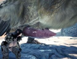 1girls 1monster 3d armor barioth black_hair black_lipstick cleavage fur hime_cut huge_breasts makeup monster_cock monster_hunter_world outdoors pointy_ears screencap size_difference zoophilia