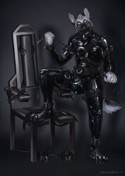 2019 anthro bondage bondage_chair buckles bulge canid canine canis clothing cuffs_(disambiguation) deusexmoose domestic_dog harness hi_res imminent_bondage leash looking_at_viewer male male_only mammal plantigrade rubber rubber_suit simple_background solo