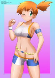 1girls breast female gloves holding_object holding_poke_ball kasumi_(pokemon) minishorts misty_(pokemon) nessa_(pokemon)_(cosplay) nintendo one_eye_closed orange_hair pokemon pokemon_rgby pokemon_ss short_hair shorts standing thighs zel-sama