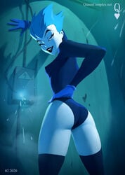 1girls ass blue_eyes blue_gloves blue_hair blue_lipstick blue_stockings dat_ass dc dc_comics dcau female female_focus female_only fully_clothed hand_on_hip hand_on_wall legwear leotard leslie_willis livewire looking_at_viewer queencomplex short_blue_hair short_hair sideboob smile stockings superman:_the_animated_series superman_(series)