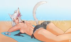 1girls animal_ears ass ass_focus back_muscles back_view bikini bikini_top_removed breasts cat_ears cat_girl cat_humanoid cat_tail commission confident facial_mark facial_markings female final_fantasy final_fantasy_xiv hotpants kaedraws legs legs_together lethe_scheinen long_hair looking_at_viewer looking_back miqo'te on_stomach ponytail red_eyes sand sideboob silver_hair smug solo summer tail thighs watermark whisker_markings white_hair