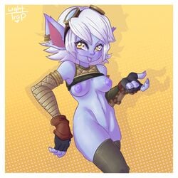 allentrap blue_body blue_skin blush border breasts clothing ear_piercing ear_ring eyewear female goggles hair hi_res humanoid humanoid_pointy_ears league_of_legends legwear lighttrap looking_at_viewer nude piercing riot_games short_hair simple_background solo tongue tongue_out tristana video_games white_border white_hair yordle