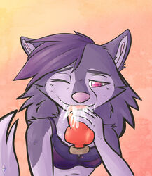 anthro blush bodily_fluids bra canid canine canis clothing cum disgust domestic_dog eating ejaculating_cum excited female genital_fluids hair hi_res husky hybrid inside kadeki kadeki_(character) licking love mammal nordic_sled_dog nude oral owo pink_background pink_eyes purple_hair simple_background snack solo spitz tongue tongue_out underwear wolf