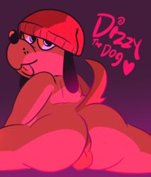 anthro ass balls beanie canid canine canis clothing crouching dizzy_the_dog dizzysauce_nsfw domestic_dog droopy_ears genitals hat headgear headwear hi_res looking_at_viewer male male_only mammal perineum solo tongue