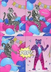 2019 absurd_res anthro balloon balloon_fetish balls bodily_fluids cum deusexmoose ejaculation erection felid furry genital_fluids genitals hi_res inflation latex_transformation male mammal nude onomatopoeia penis popping rubber solo sound_effects text transformation