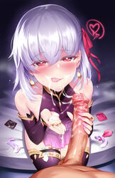 1boy 1girls after_deepthroat after_fellatio cum cum_in_mouth eye_contact fate/grand_order fate_(series) heart-shaped_pupils kama_(fate/grand_order) kneeling m-da_s-tarou nail_polish oral penis possible_duplicate pov purple_nails rogia saliva saliva_trail sitting tagme teenager used_condom