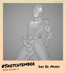 balls disgerin erection helmet highres male male_only monochrome muscular muscular_male penis ravana_(smite) robotic_arm sketch smite solo tagme testicles